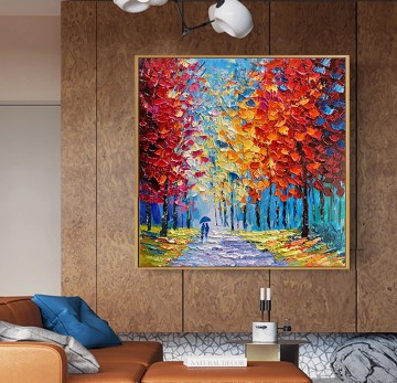 Art texture œuvres - couple forêt automne par texture couteau à palette